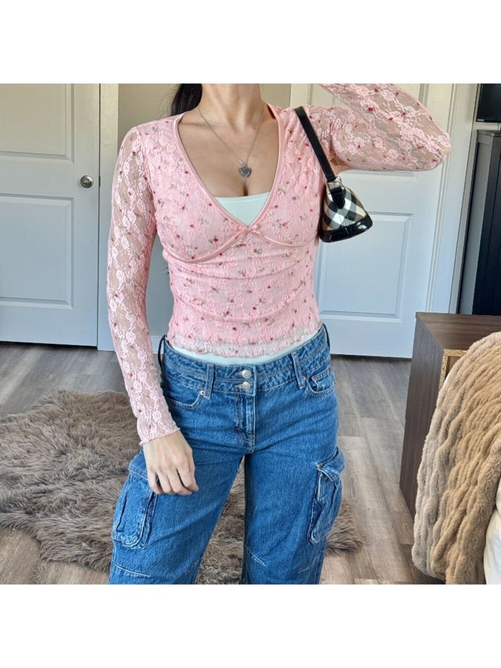 Y2K Pink Lace Floral Coquette Balletcore Baby Tee Long Sleeve Top Vintage Size S